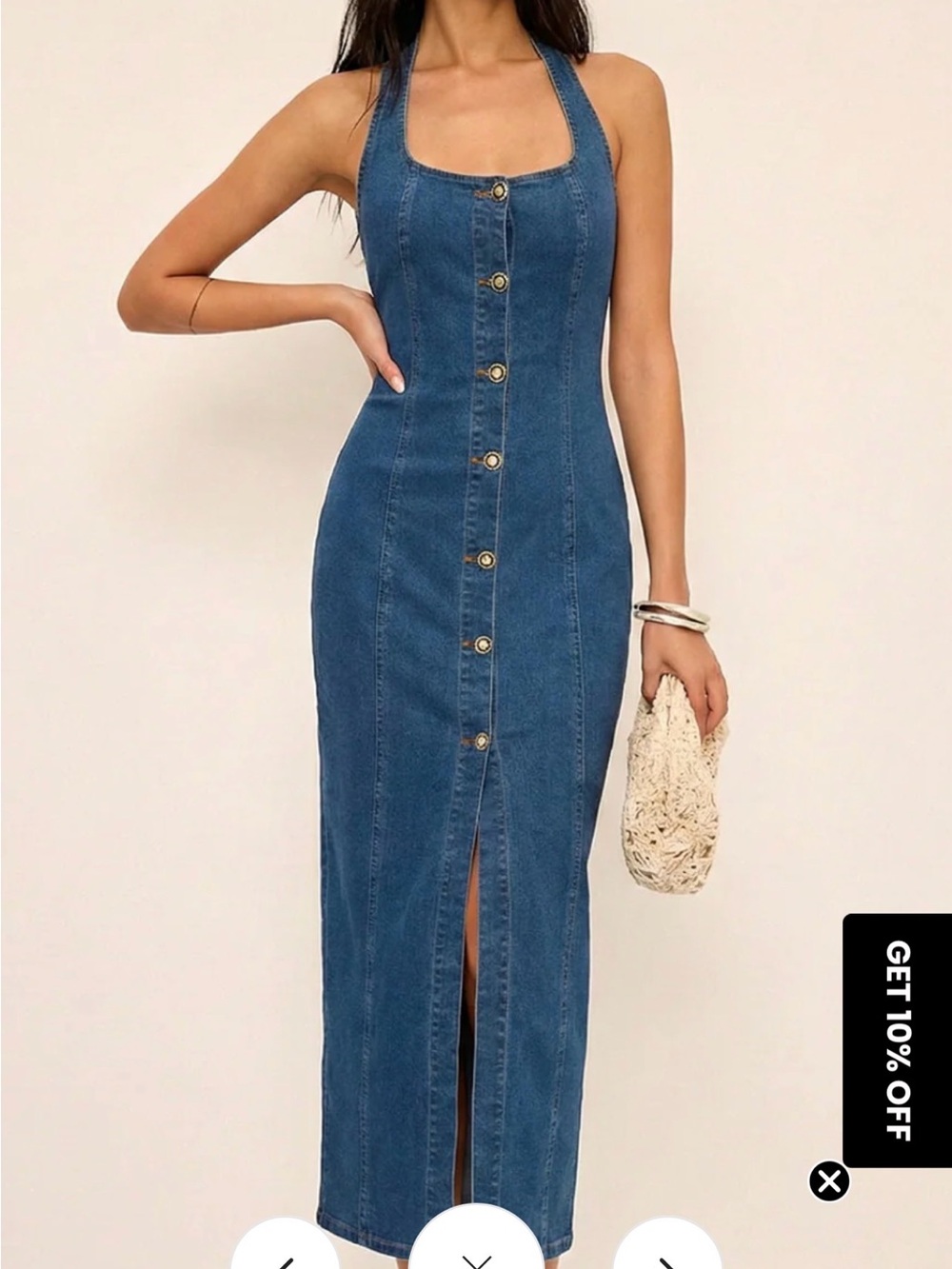 Commense Blue Denim Halter Button-Front Maxi Dress